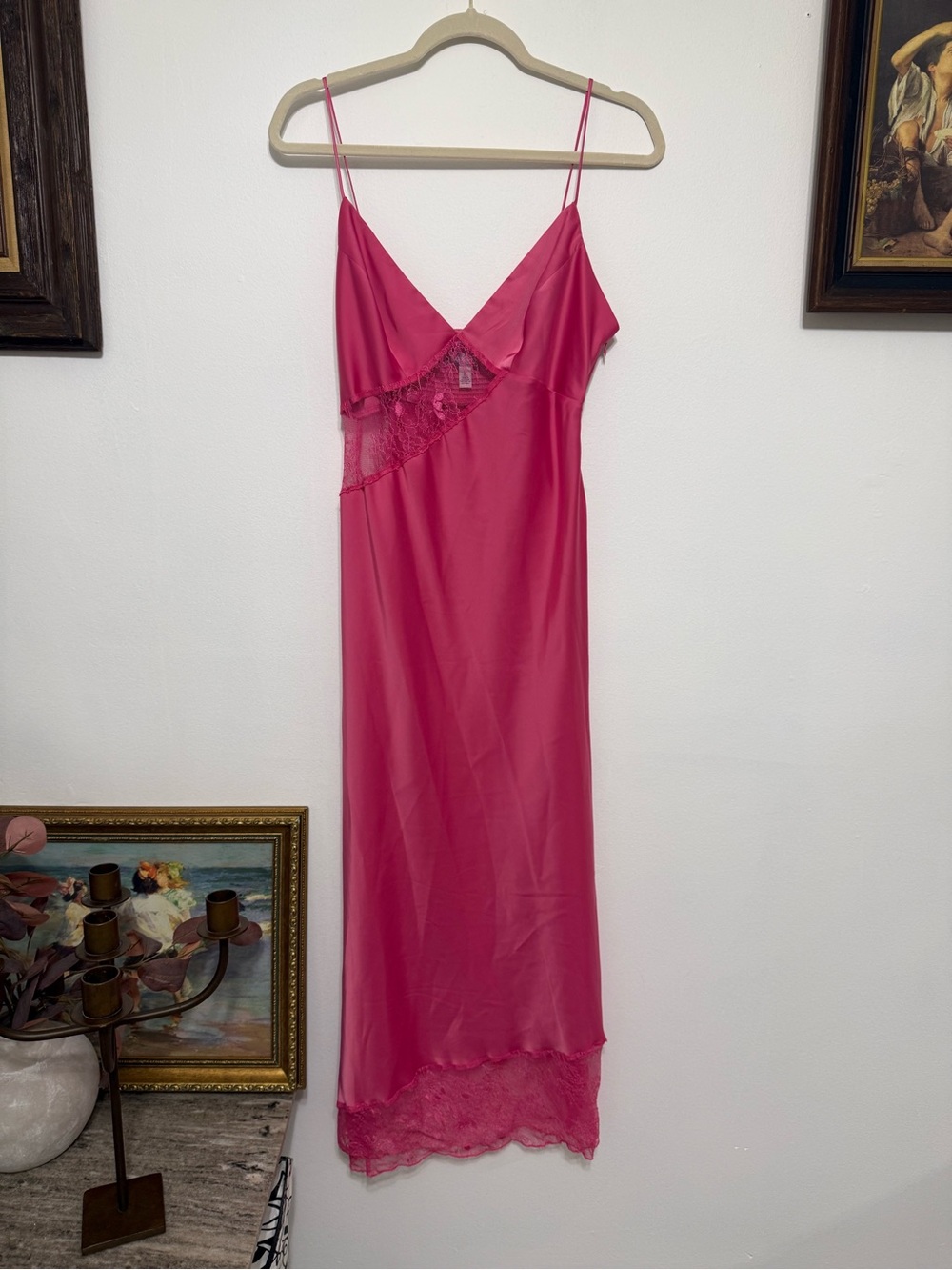 Urban Outfitters Hot Pink Lace-Trim Satin Maxi Slip Dress